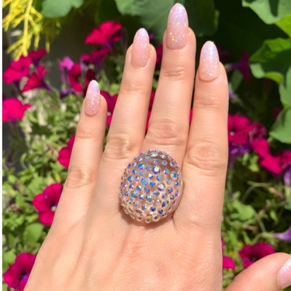 Clear Acrylic Ring Embellished With Aurora borealis Swarovski Crystal stones. - Picture 8 of 12
